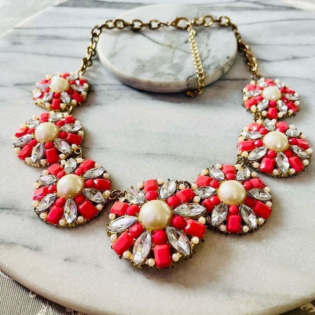 Jewelry Glam Statement Necklace Coral Red Faux Pearl Round Link Size ONE SIZE - 2 Thumbnail