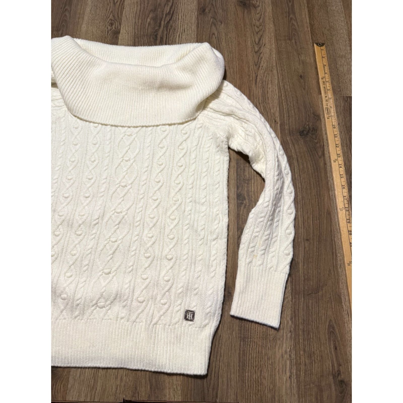 Tommy Hilfiger Tommy Hilfiger Sweater Women Large White Turtleneck Pullover Cable-Knit Regular Fit, Logo, Cotton Knit, Long Sleeve, Vintage: No Size L / US 10 / IT 46 - 4 Thumbnail