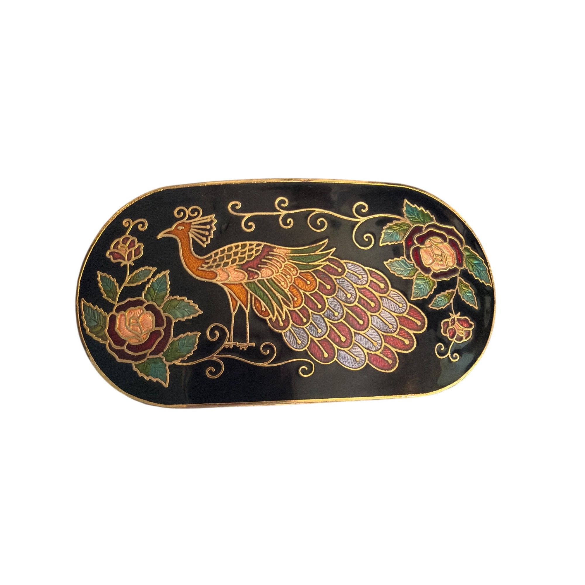 Other Vintage 80s Black Scaled Elastic Belt Cloisonne Peacock Buck Size ONE SIZE - 3 Thumbnail