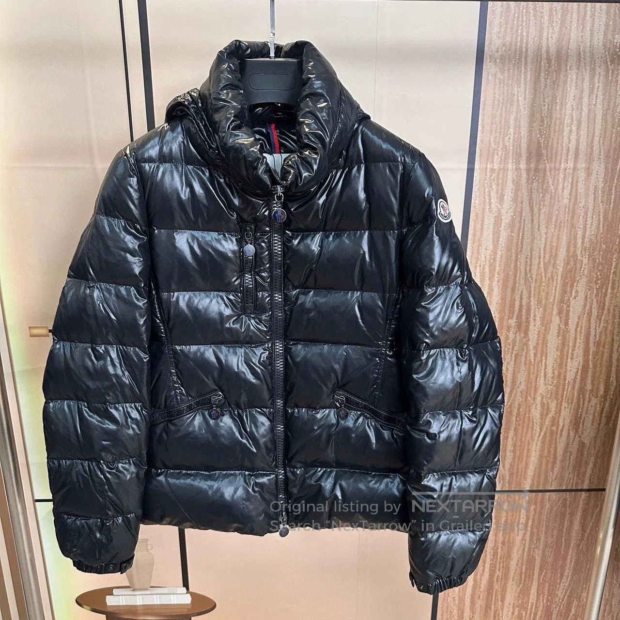 moncler black shiny hooded down jacket.