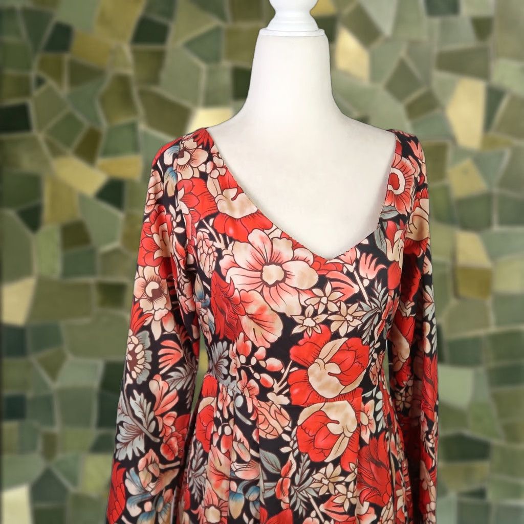 Nicole Miller Nicole Miller Maxi Dress Floral Print V-Neck Long Sleeve Red Orange Black S Womens Size S / US 4 / IT 40 - 1 Thumbnail