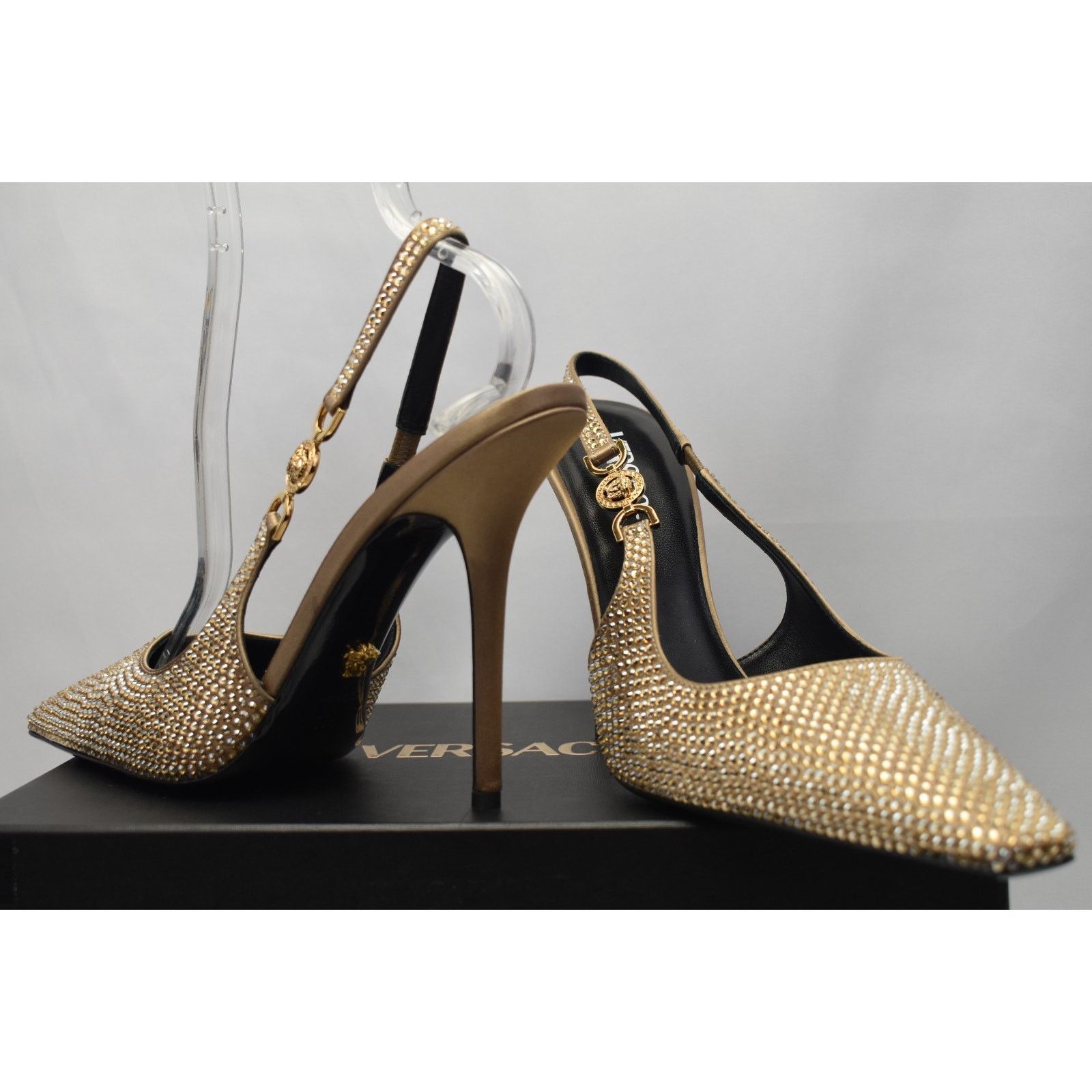 Versace VERSACE NUDE BEIGE SILK GOLD MEDUSA CRYSTALS PUMPS 39.5 ITAL Size US 9.5 / IT 39.5 - 6 Thumbnail
