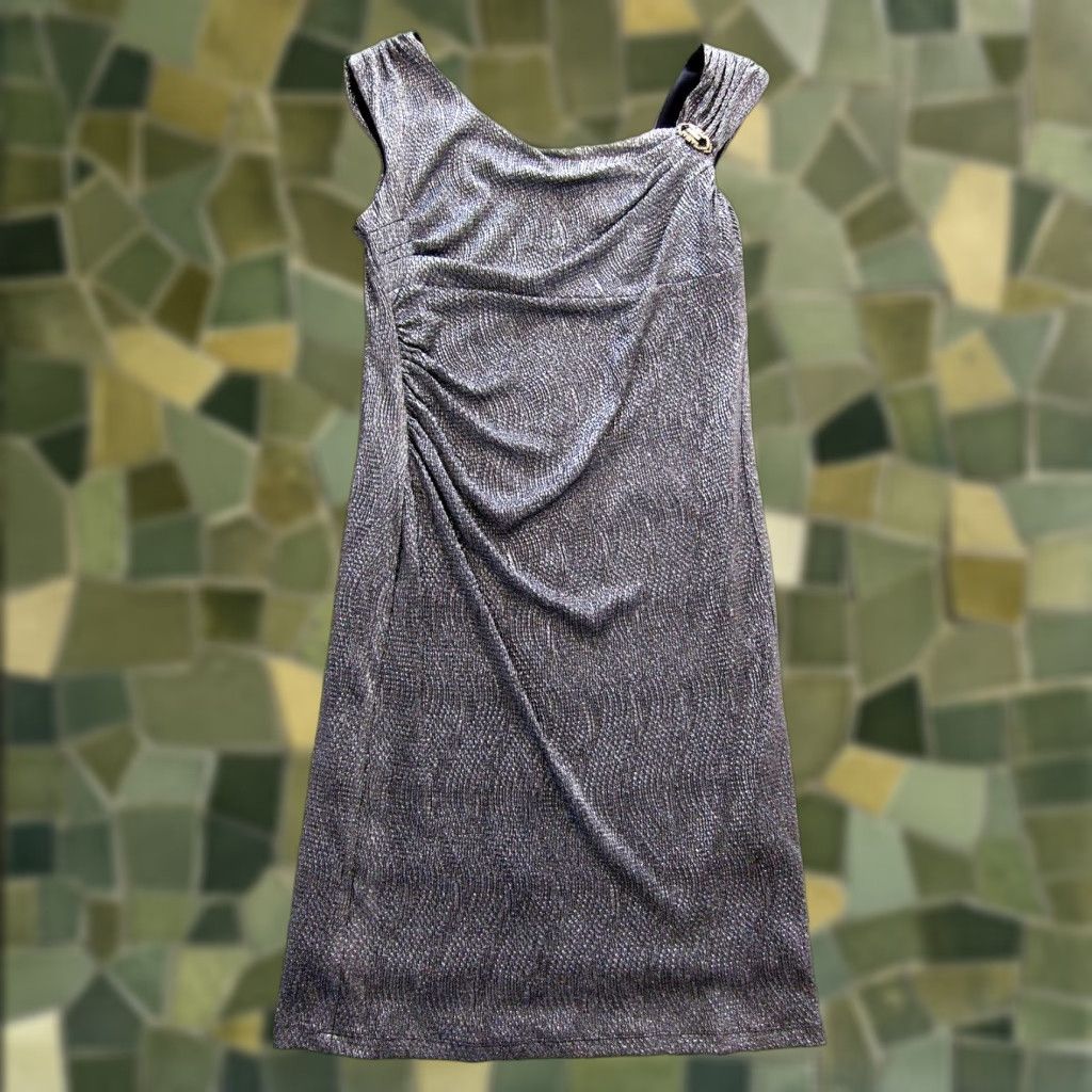 Vintage VINTAGE R&M Richards Silver Cap Sleeve Sheath Dress 12 Women's Dress Silver Ruched Stretch Cap Sleeve Midi Dress 12 Size XL / US 12-14 / IT 48-50 - 1 Thumbnail