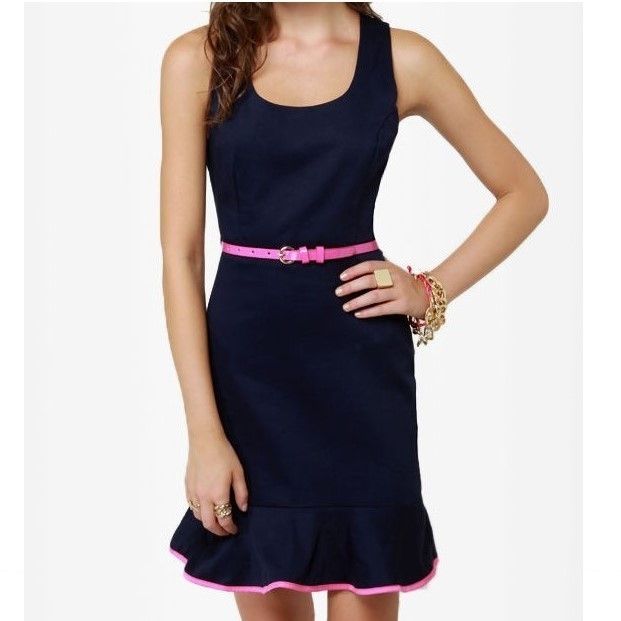 Other Monteau True To Form Navy Blue Dress with Pink Trim & Belt Size L / US 10 / IT 46 - 1 Thumbnail