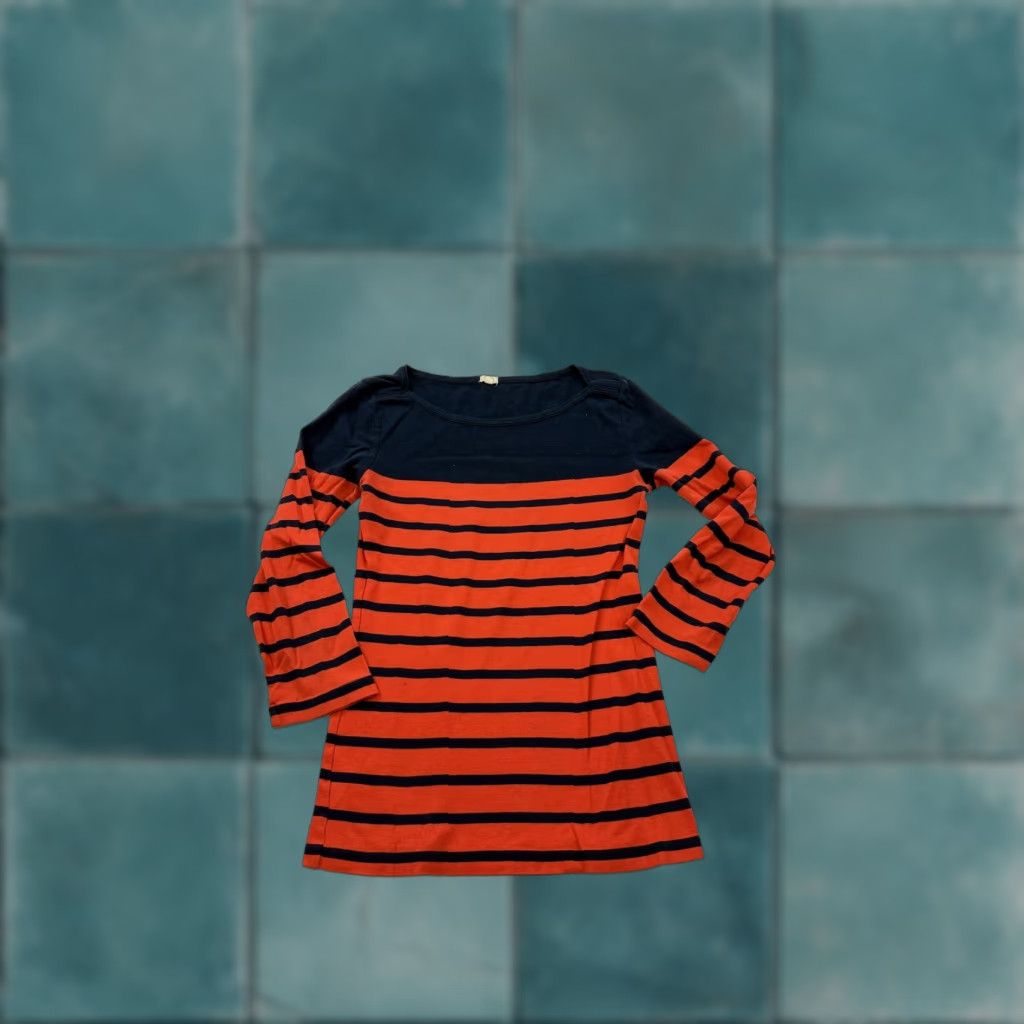 J.Crew J.Crew Shirt Womens Small Orange Navy Stripe Boat Neck Long Sleeve Cotton Top Size S / US 4 / IT 40 - 1 Thumbnail