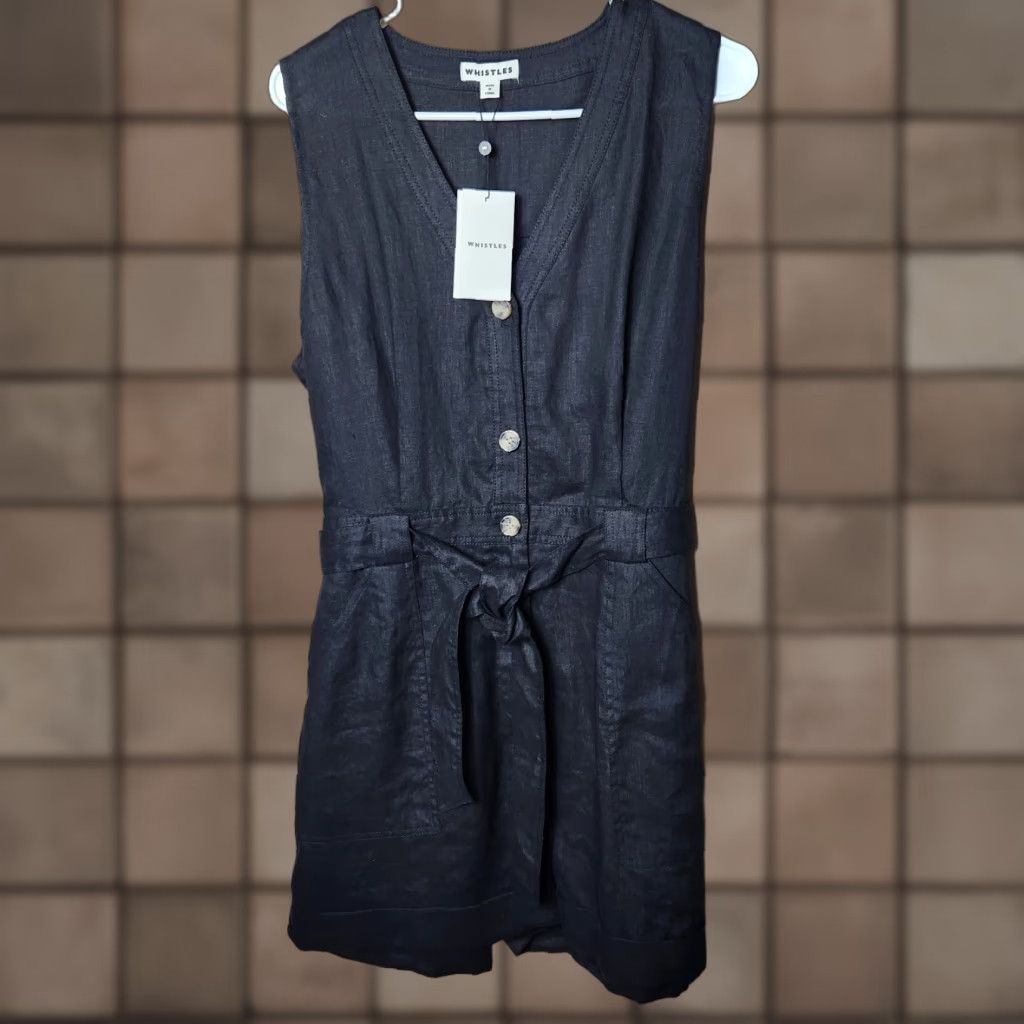 Whistles Whistles UK Black Linen Button Detail Playsuit Romper Tie Belt-Size 12 US NWT Womens Casual Beach 12 Black Whistles Size 34" / US 12 / IT 48 - 1 Thumbnail