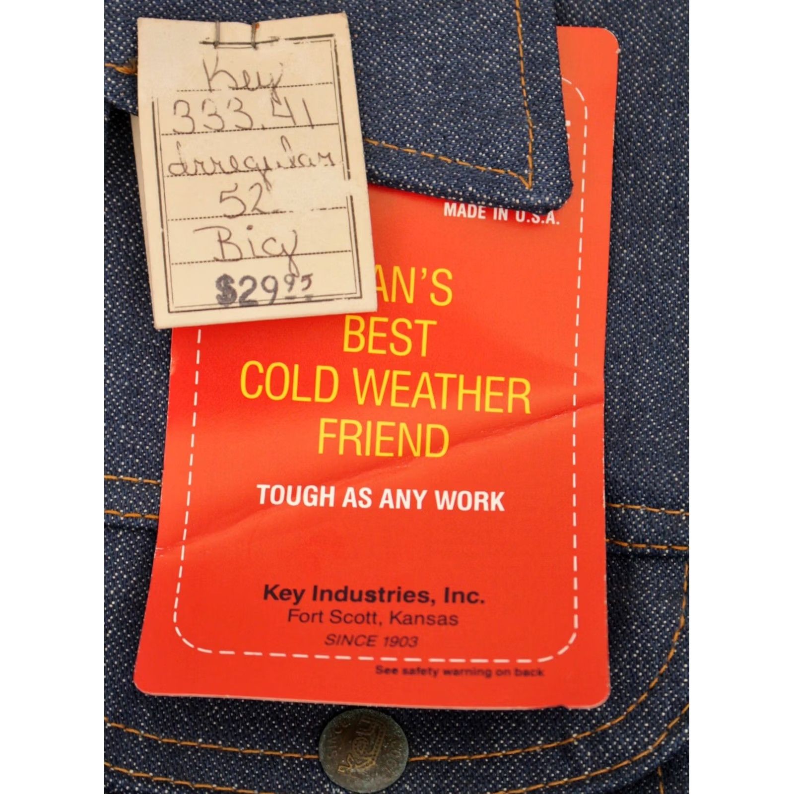 Vintage VTG Key Denim Jacket 2XL 52 Big & Tall 1970s Blue Denim Jacket Mens 70s Jean Jacket US Origin NOS Vintage Jacket Size US 36 / EU 52 - 6 Thumbnail