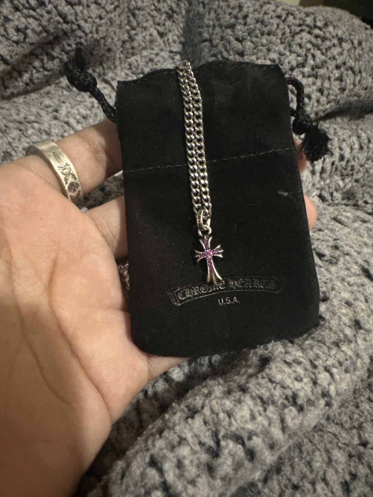 image of Chrome Hearts Pink Sapphire Pave Cross Pendant in White Gold, Men's