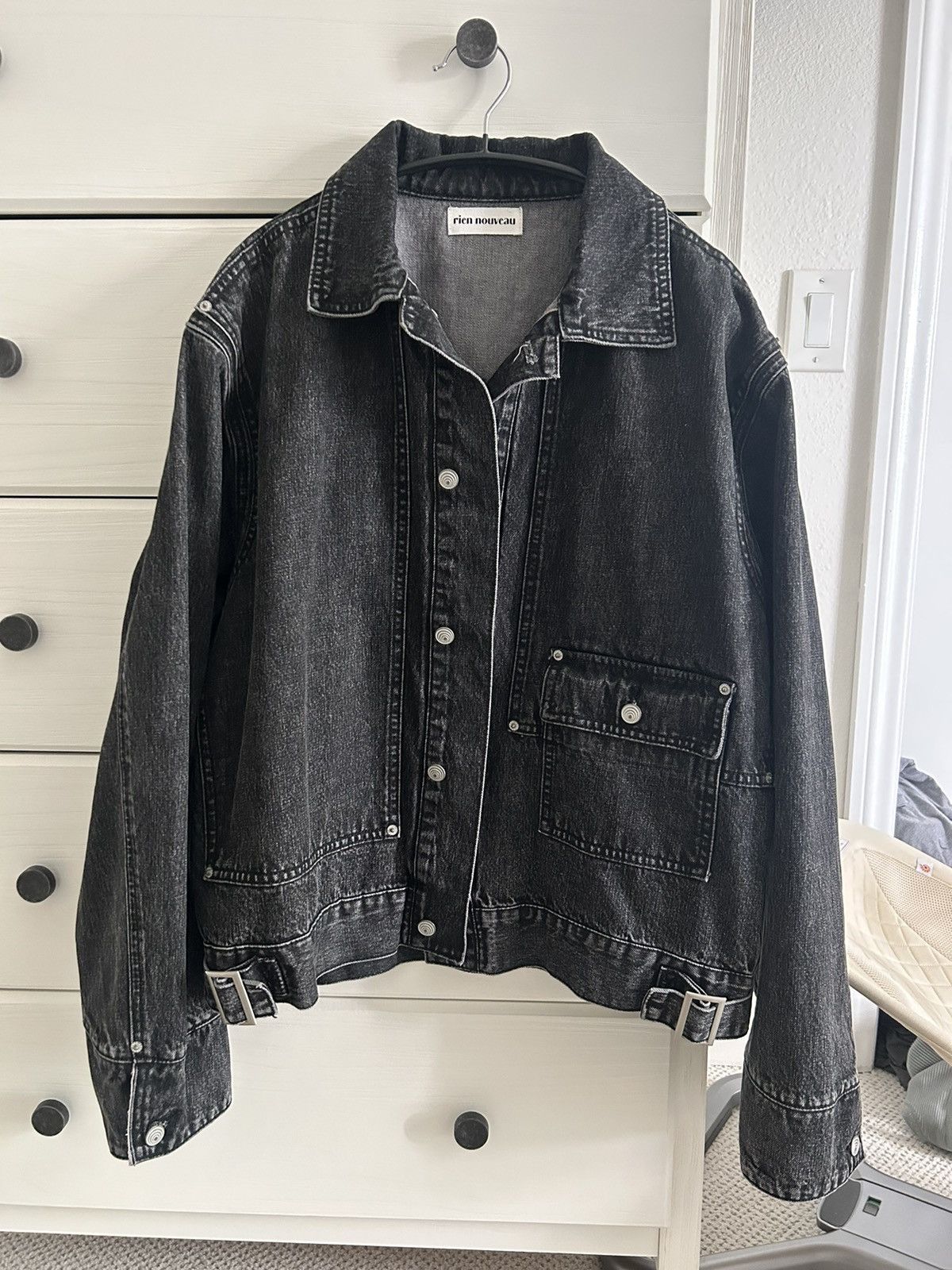 image of Rien Nouveau Double Front Denim Jacket in Washed Black, Men's (Size Large)