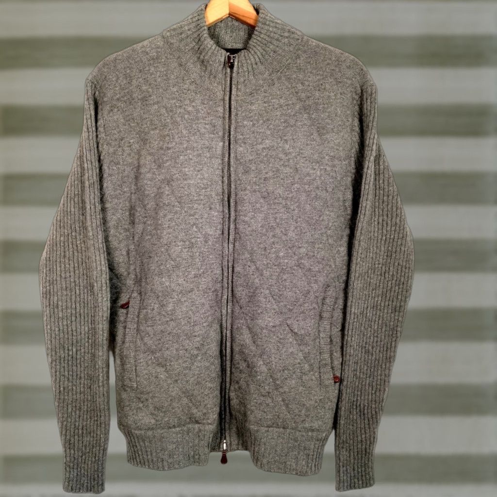 Vintage Maker & Co. Cardigan Sweater M Gray Merino Wool Quilted Ribbed Full Zip Mens Slim Adult Medium Dining? Size US M / EU 48-50 / 2 - 1 Thumbnail