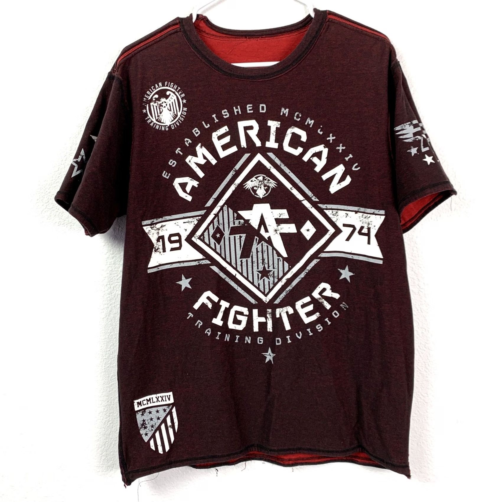 Vintage American Fighter T-Shirt Mens L Red Short Sleeve Graphic Print Tee MMA USA Fighter 90s Dock Distressed Raw Edge Graphic Double-Sided Crew Neck Size US L / EU 52-54 / 3 - 7 Thumbnail