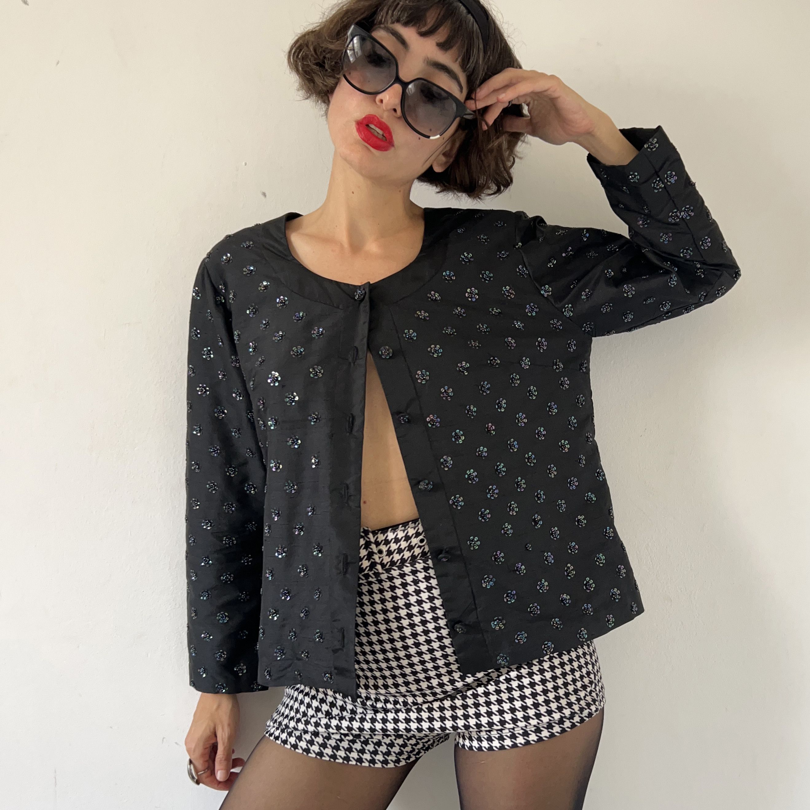 Vintage Vintage 80s party embellished floral silk black blazer Size L / US 10 / IT 46 - 6 Thumbnail