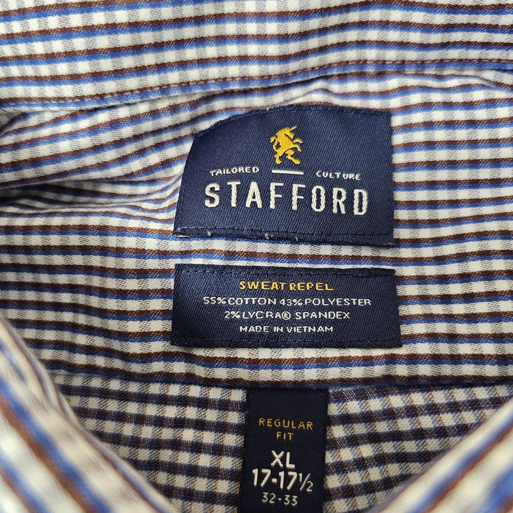 Stafford Stafford Shirt Mens XL Blue Brown Check Regular Fit Sweat Repel Gingham Size US XL / EU 56 / 4 - 4 Thumbnail