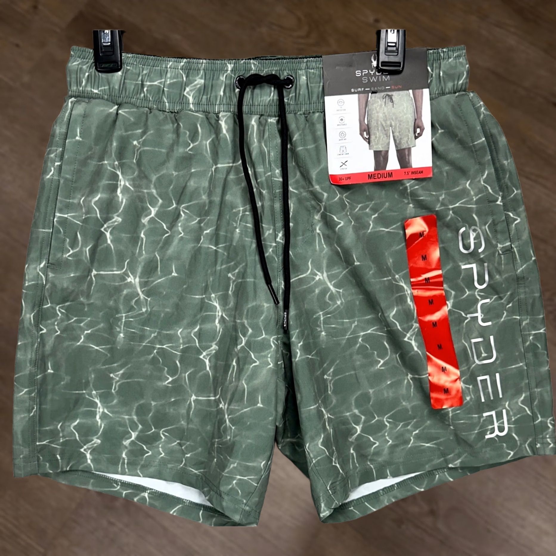Spyder Spyder Mens Swim Trunks Medium Green Marble Lined Drawstring Board Shorts NEW Size US 31 - 1 Thumbnail