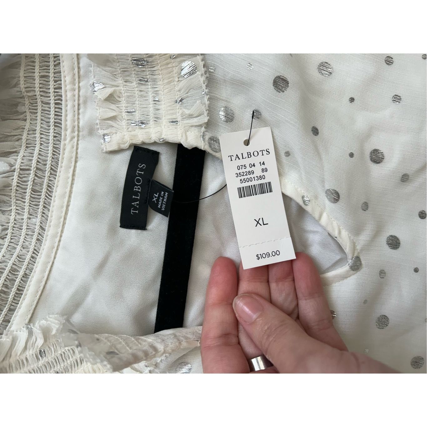 Robert Talbott Talbots NWT Smocked Cheerful Dots Top White Silver Polka Dot Size XL / US 12-14 / IT 48-50 - 7 Thumbnail