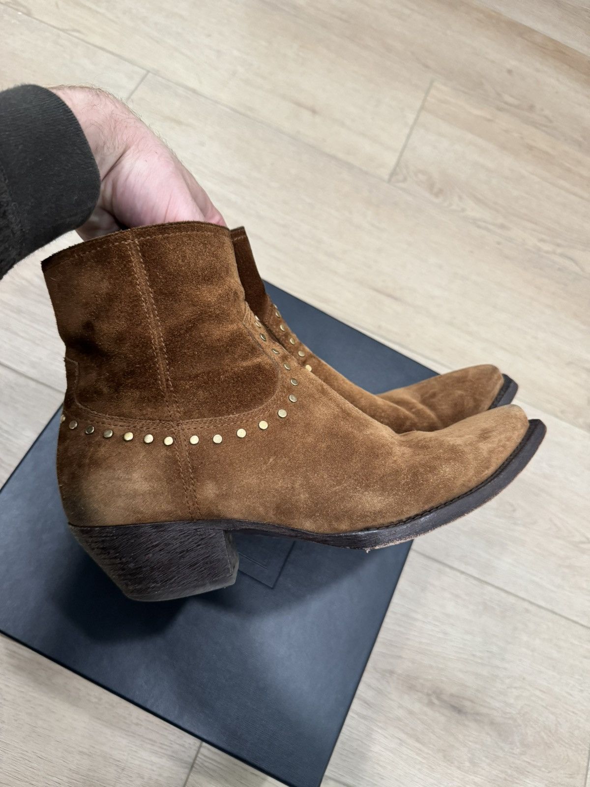 Saint Laurent Paris Suede Studded Lukas Boots | Grailed