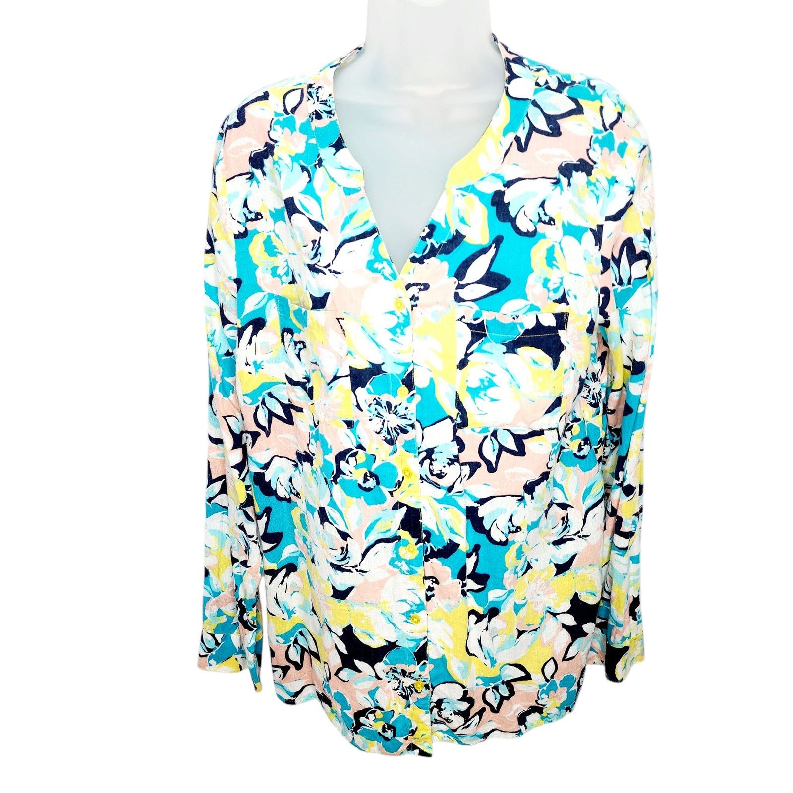 Other Kim Rogers V Neck Button Front Floral Linen Blend Top Size M / US 6-8 / IT 42-44 - 1 Thumbnail
