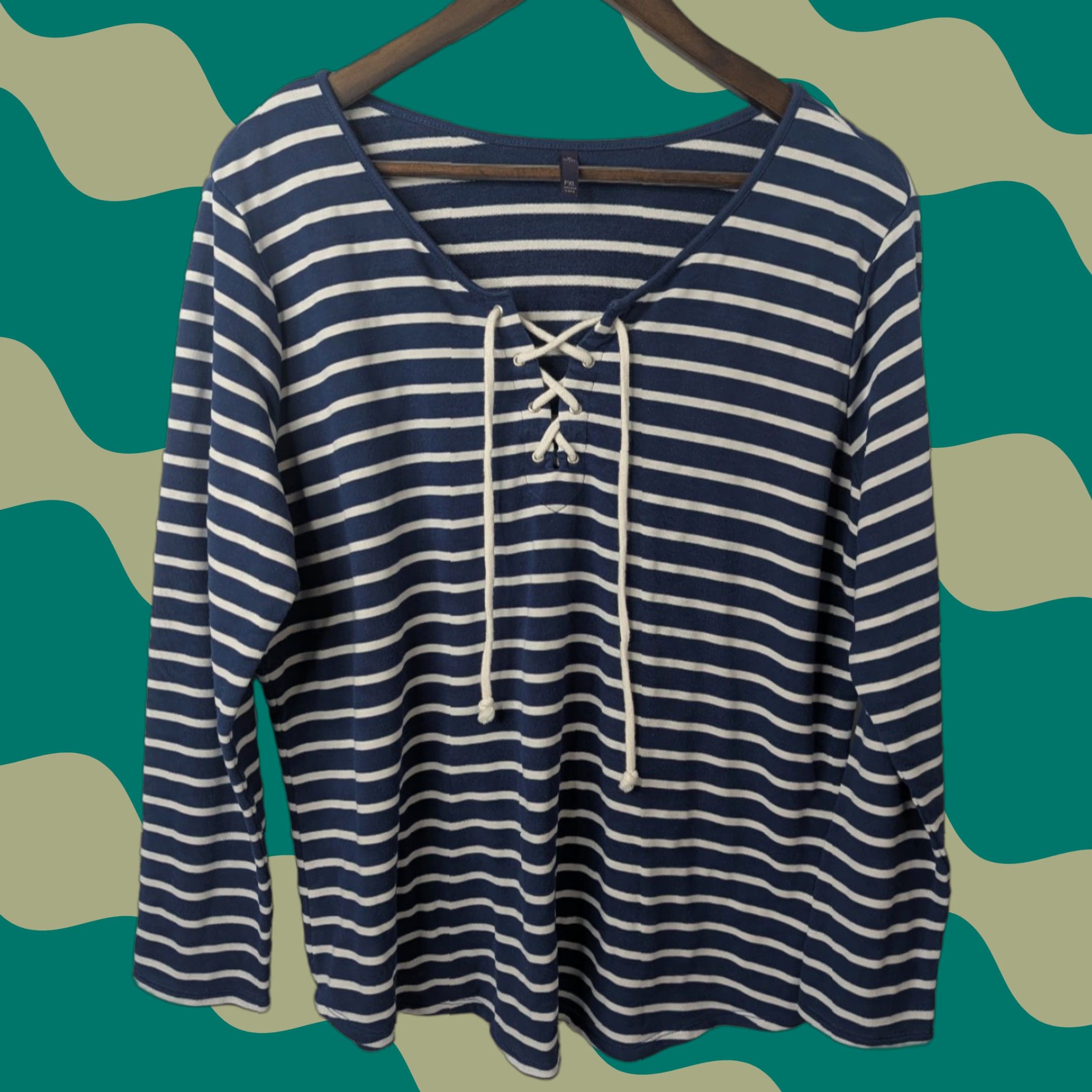 NYDJ NYDJ Shirt Women PXL Navy Striped Lace Up Long Sleeve V-Neck T-Shirt - Blue, Polyester Viscose Elastine Knit, Soft, Stretch, Unlined, Relaxed Fit Size XL / US 12-14 / IT 48-50 - 1 Thumbnail