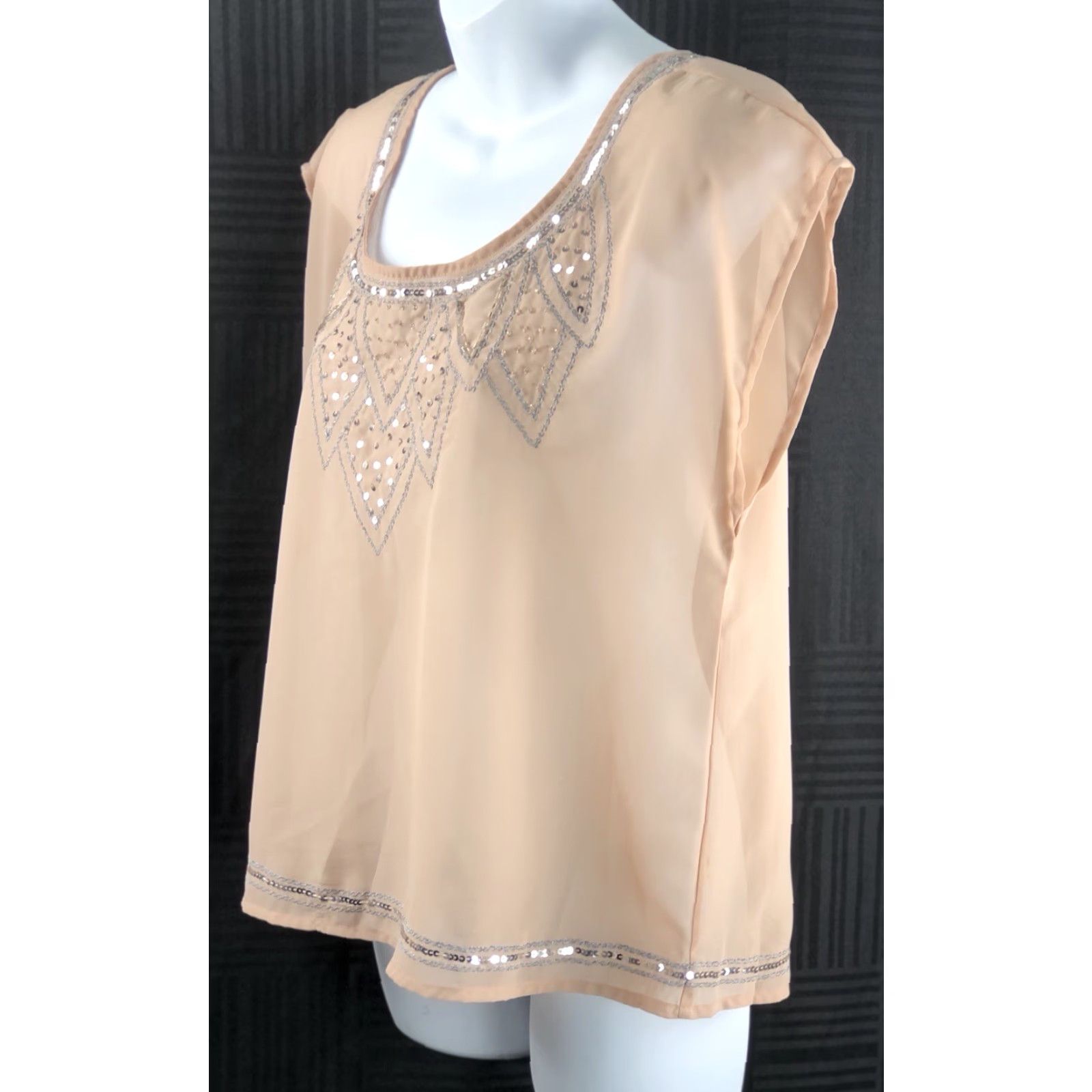 Decree Decree Blouse Shirt M Beige Chiffon Scoop Neck Sequin Bead Short Sleeve Cap Sleeve Casual Bohemian City Classic Elegant Vintage No Size M / US 6-8 / IT 42-44 - 2 Thumbnail