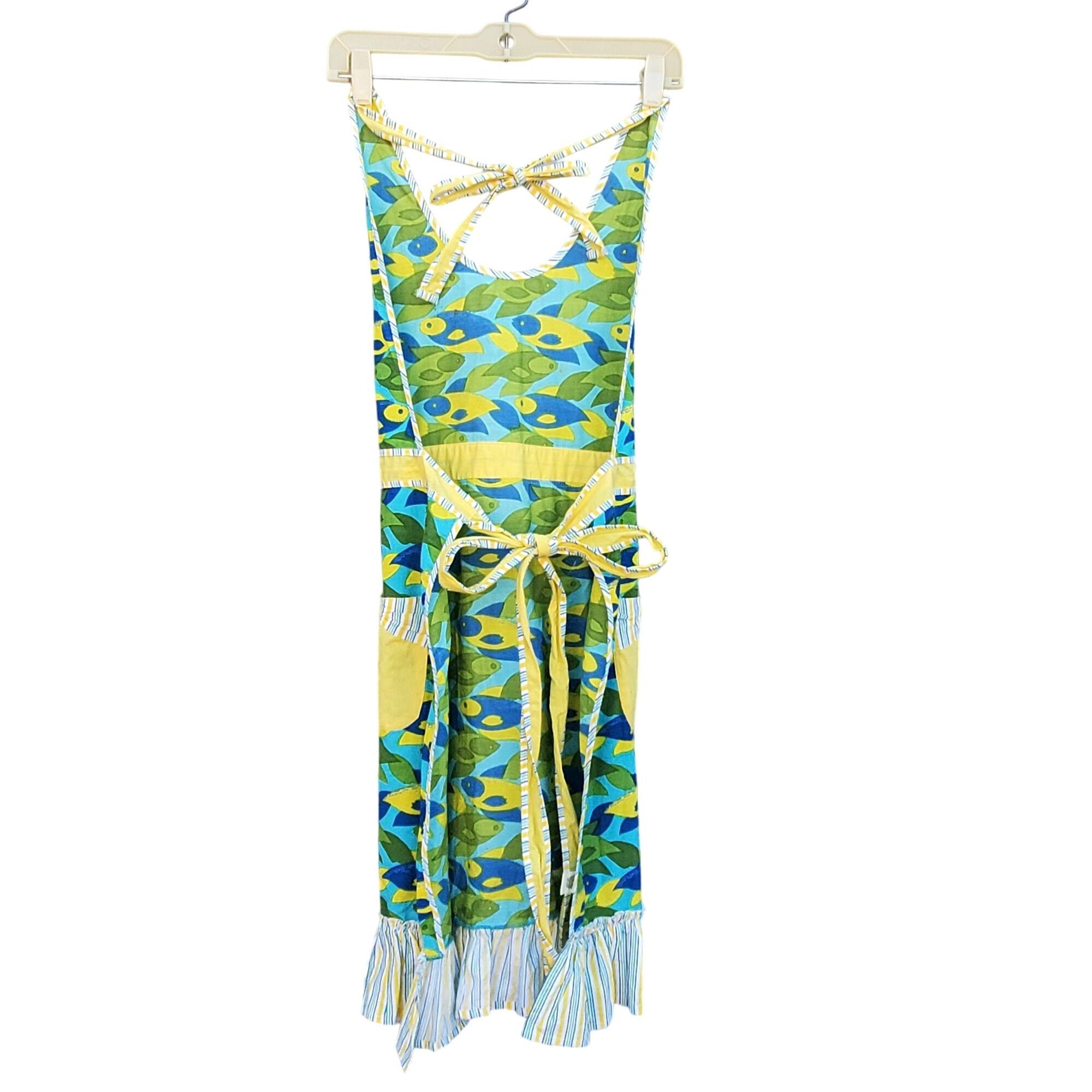 Other Retro Ruffled Bib Apron Colorful Blue Green Fish Pattern wit Size ONE SIZE - 11 Thumbnail