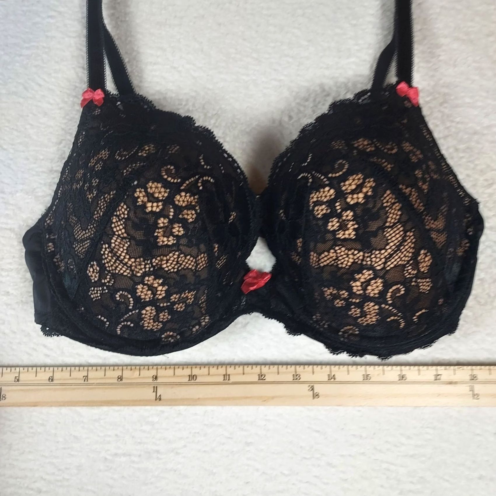 Vintage Adore Me Black Lace Underwire Bra 36DD with Red Bows – Padded Demi Style Balconette Bra Women Mens Size ONE SIZE - 5 Thumbnail