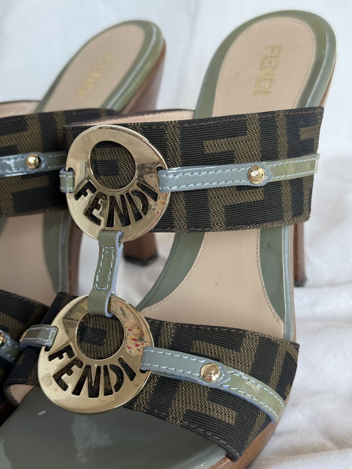 Fendi Fendi Tobacco Canvas Leather Trim Logo Wooden Mules Clogs Size US 7 / IT 37 - 8 Thumbnail