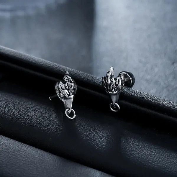 Jewelry Silver Flame Stud Earrings, Men's Gothic Accessories Size ONE SIZE - 5 Thumbnail