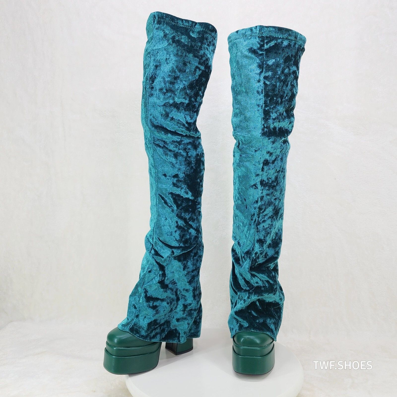 Unique Thigh High Green Velvet Fold over Skirted Chunky Heel