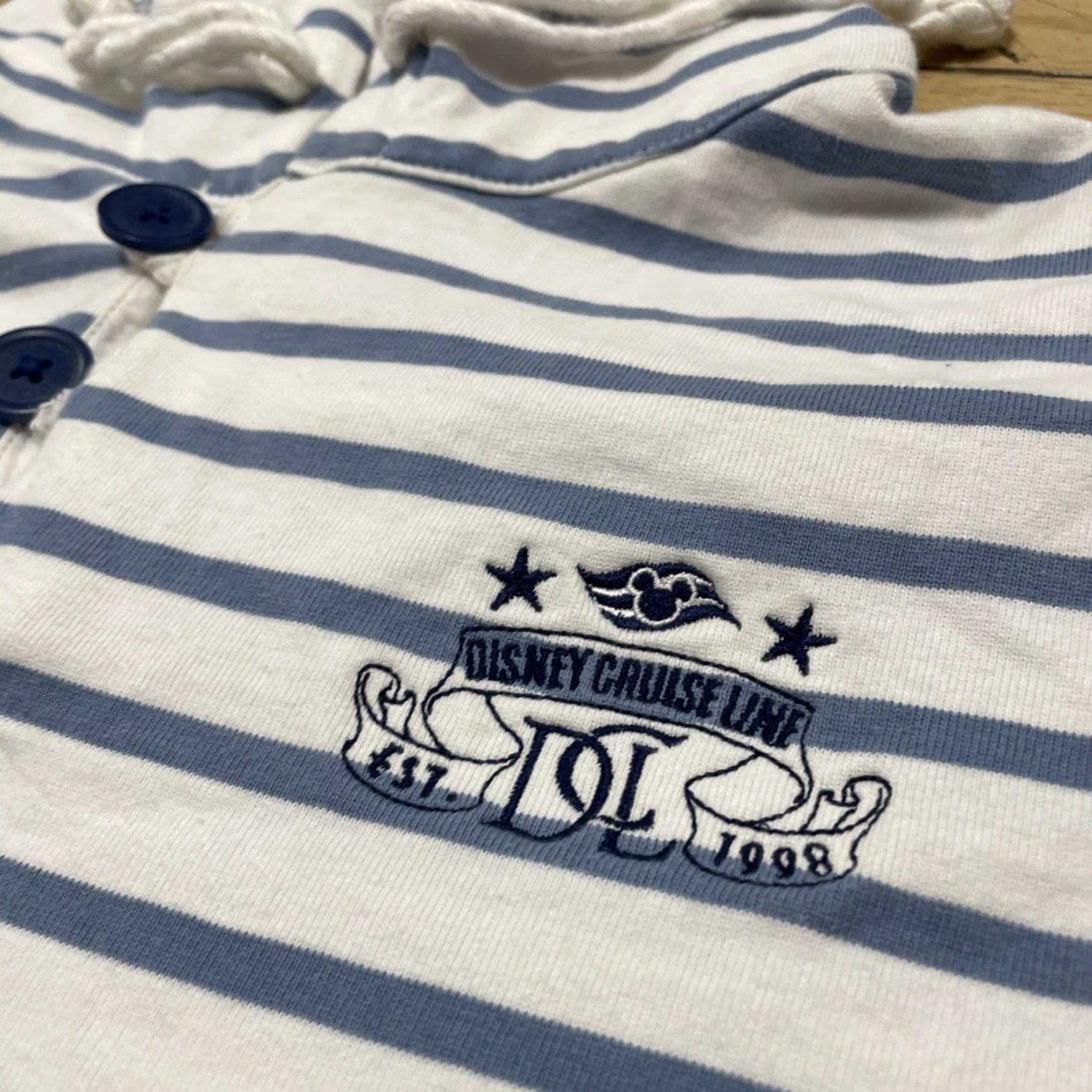Disney VINTAGE DISNEY Cruise Line Sweater 3XL Henley Hoodie White Blue Stripe Women Adult XXXL Pullover Cotton Polyester Button Lined Money Theme Size XXL / US 16-18 / IT 52-54 - 5 Thumbnail