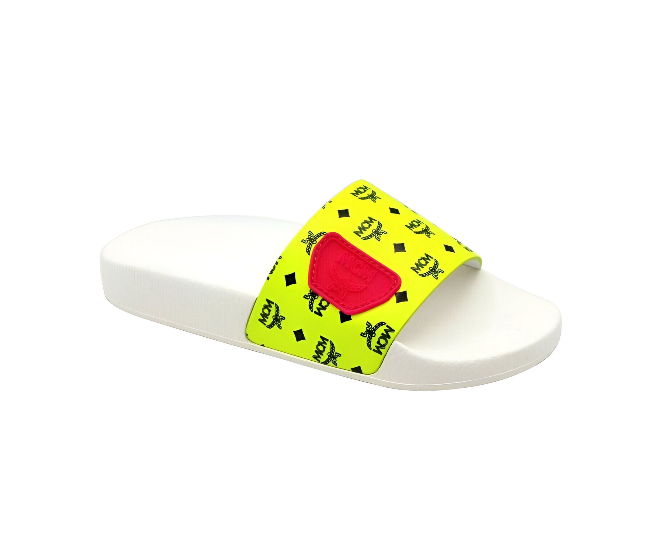 MCM Women's White / Neon Yellow Logo Leather Rubber Slides Size US 6 / IT 36 - 1 Thumbnail