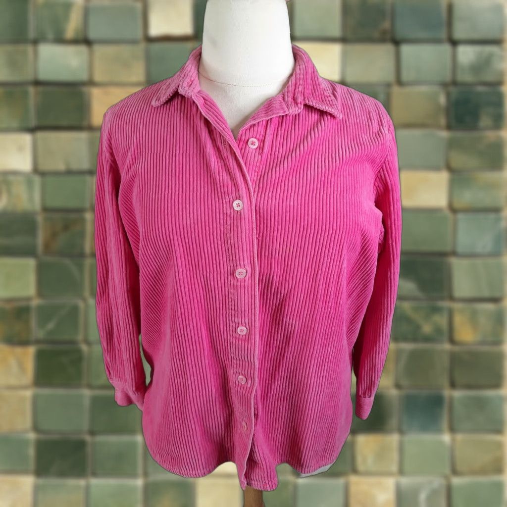 Pinko VINTAGE Cotton Corduroy Button-Up Shirt Pink Long Sleeve Relaxed L Women's 90s Theme Mens Girls Size L / US 10 / IT 46 - 1 Thumbnail