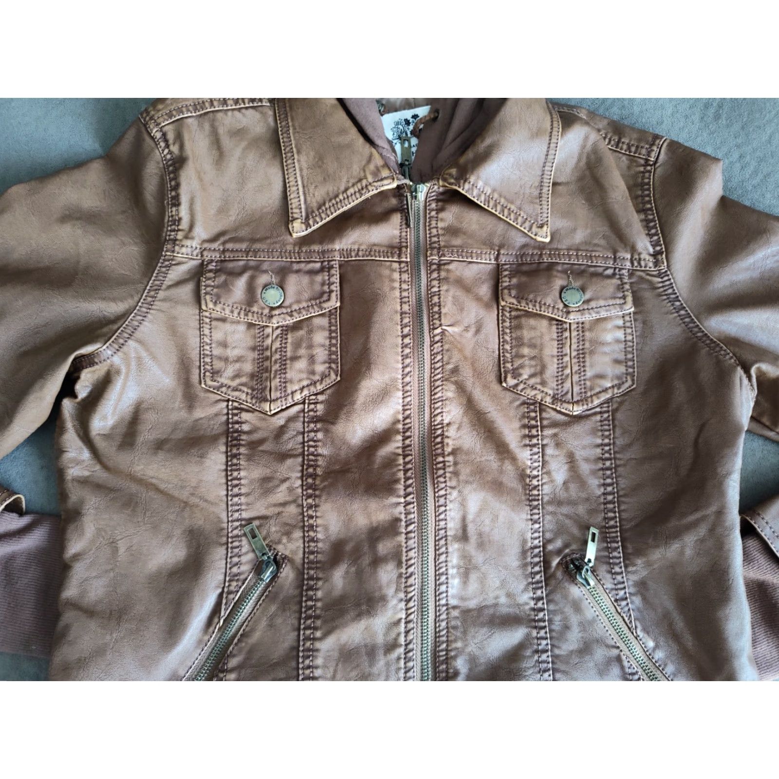 Vintage Made By Johnny Carmel Jacket Med Womens Brown Faux Leather Two Layers EUC Size M / US 6-8 / IT 42-44 - 3 Thumbnail