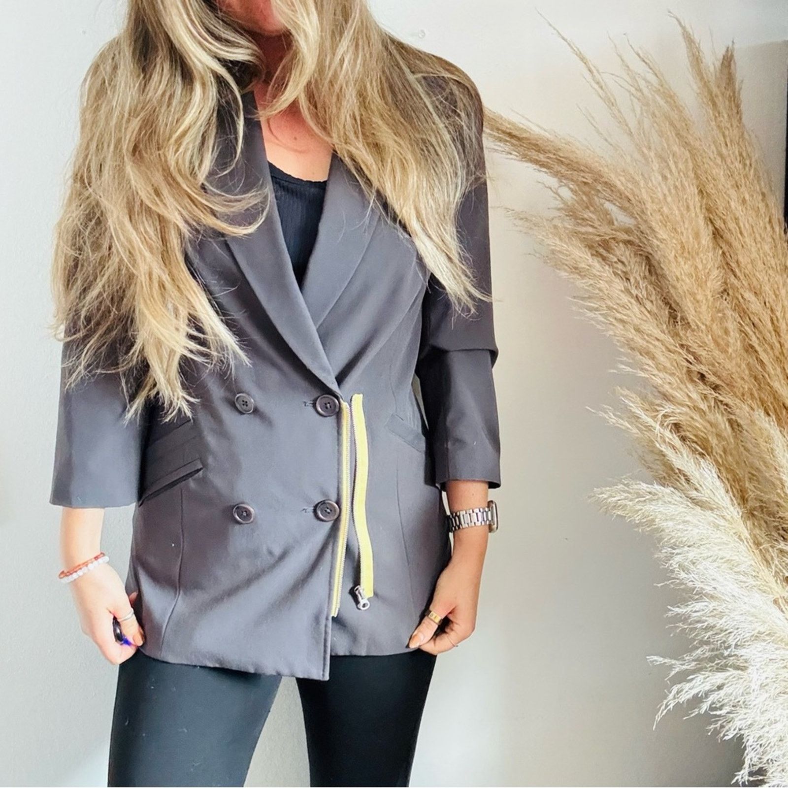 DKNY DKNY Charcoal Grey Button Yellow Zip $168 Blazer Jacket Coat Size M / US 6-8 / IT 42-44 - 6 Thumbnail