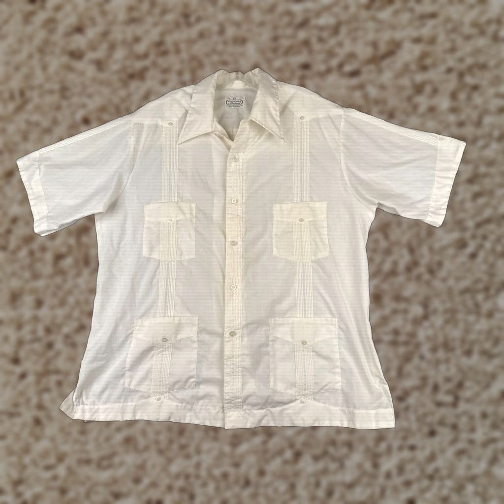 Guayabera Bolivar Shirt Adult 17.5 White Polyester Blend Cotton 4 Pocket Button-Up Short Sleeve Casual Beach Classic Mens