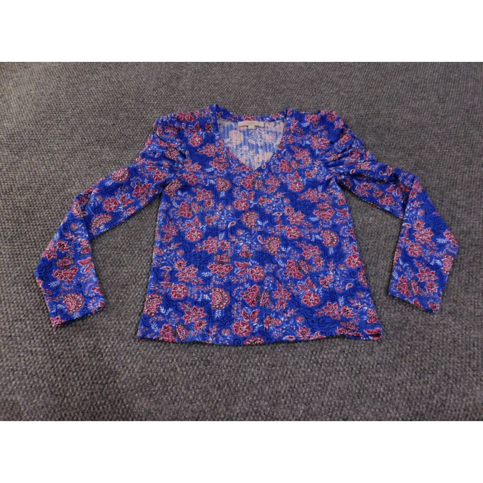 Loft VINTAGE LOFT Top Womens XS Blue Pink Floral Long Sleeve Ruched Blouse Stretch Boho Size XS / US 0-2 / IT 36-38 - 2 Thumbnail