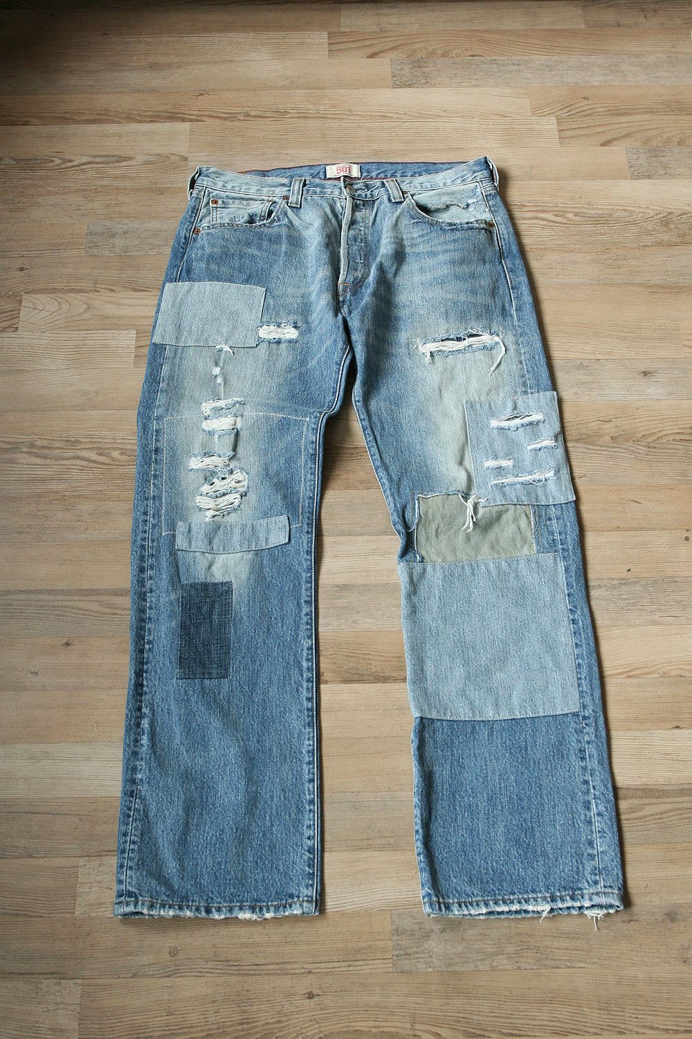 image of Distressed Denim x Levis Vintage Levi's 501 Distressed Repaired Patch Blue Jeans, Men's (Size 34)