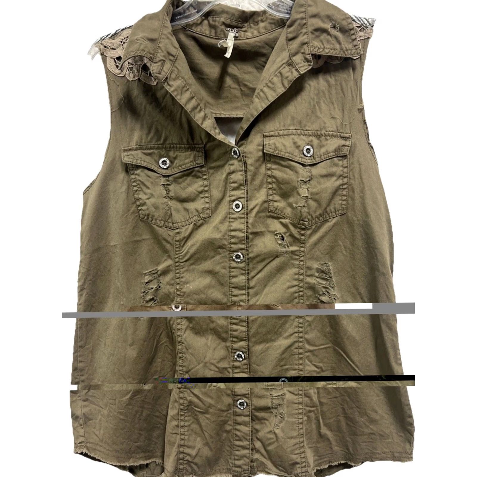 BKE BKE Women’s Utility Vest Distressed Olive Green Sleeveless Button Up Boho Size L Size L / US 10 / IT 46 - 2 Thumbnail