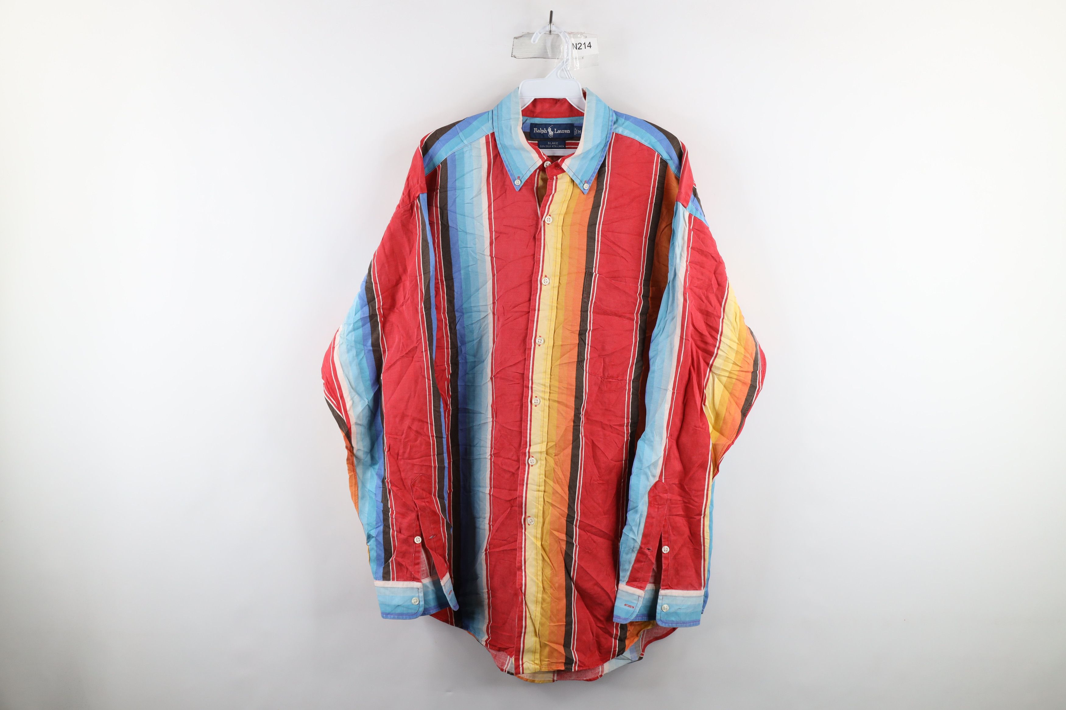 image of 90's Ralph Laurent Silk Rainbow Striped Button Shirt, Men's (Size Medium)