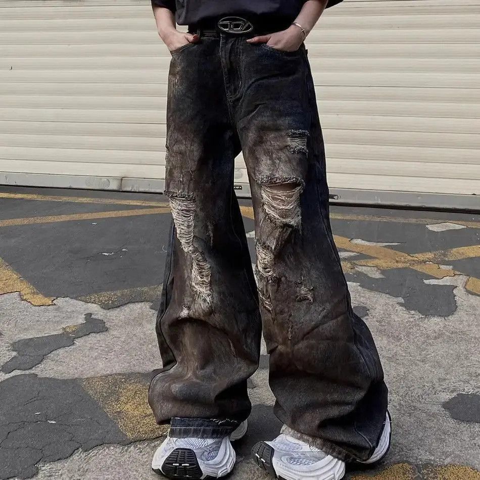 Japanese Brand Hip hop wide leg straight leg ripped jeans Size US 32 / EU 48 - 3 Thumbnail