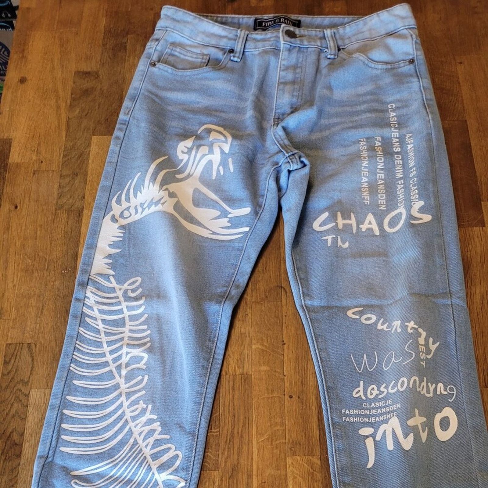 Firetrap Fire & Rain Skeleton Graphic Light Distressed Jeans 32x30 Size US 32 / EU 48 - 1 Thumbnail