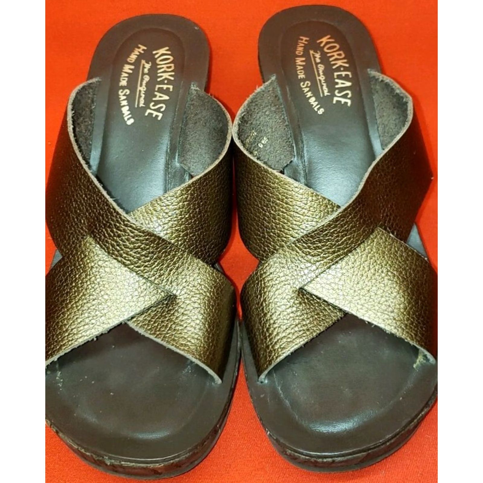Vintage KORK-EASE Geena Women's Wedge Slide Sandals Slips-on Leather Bronze 8M High 3" Cork Size US 8 / IT 38 - 3 Thumbnail