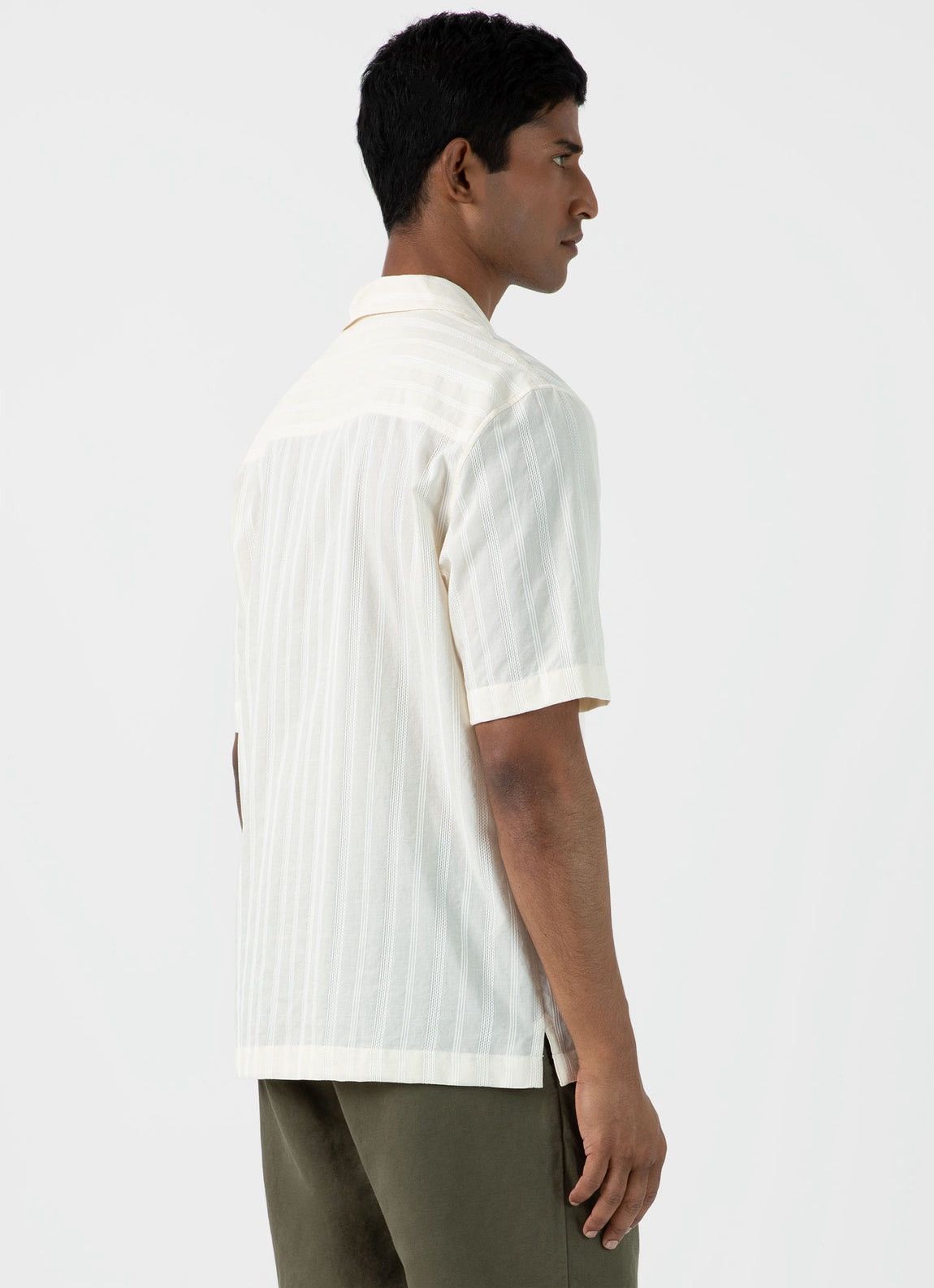 Sunspel Men’s S/S Embroidered Stripe Shirt in Ecru Size US M / EU 48-50 / 2 - 7 Thumbnail