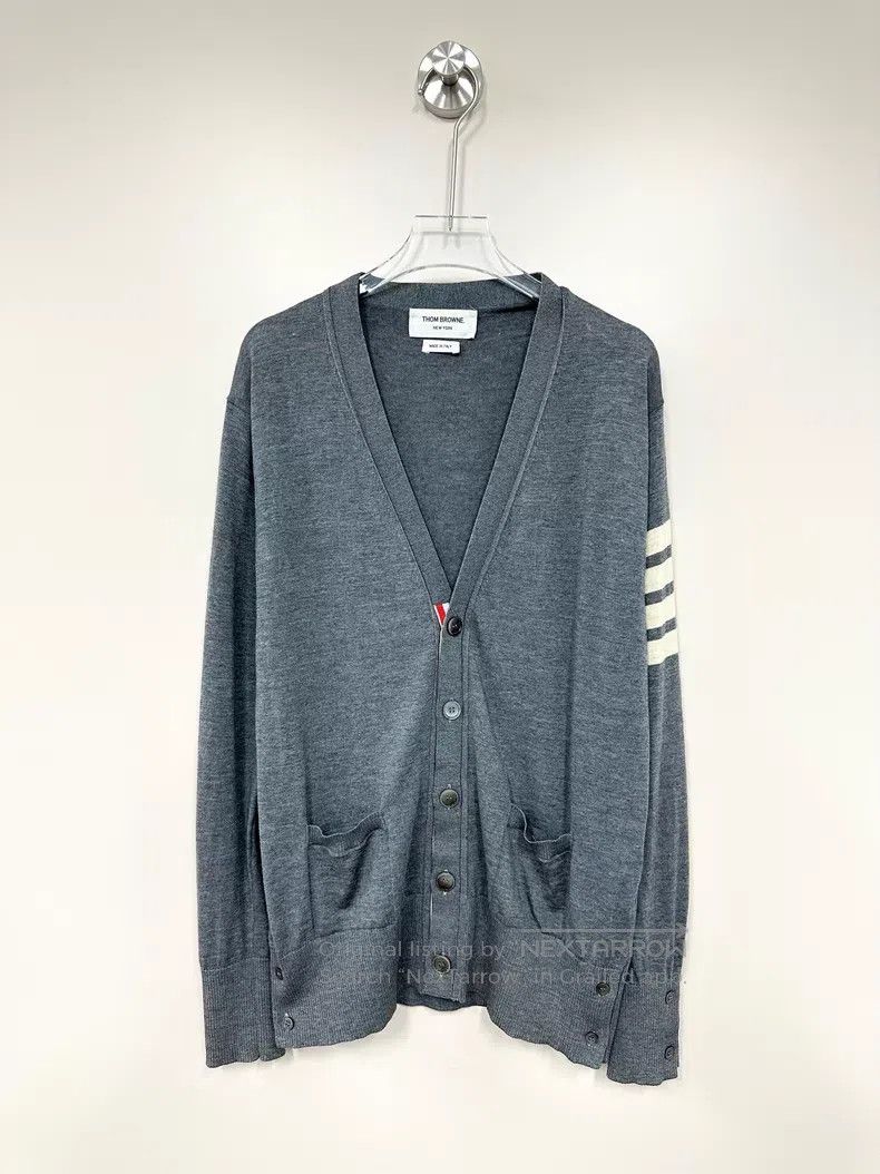 Thom Browne Thom Browne Gray Classic Four Stripe Knit Open Cardigan Size US M / EU 48-50 / 2 - 1 Thumbnail