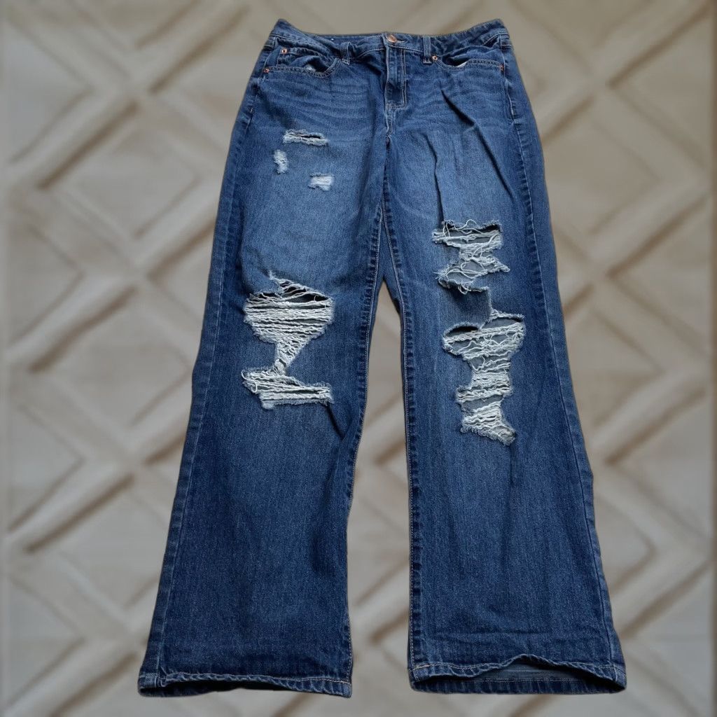 Vintage Rue 21 Jeans Womens 12 Blue Denim Dark Wash Distressed Straight Leg 32x29.5 Size 34" / US 12 / IT 48 - 1 Thumbnail
