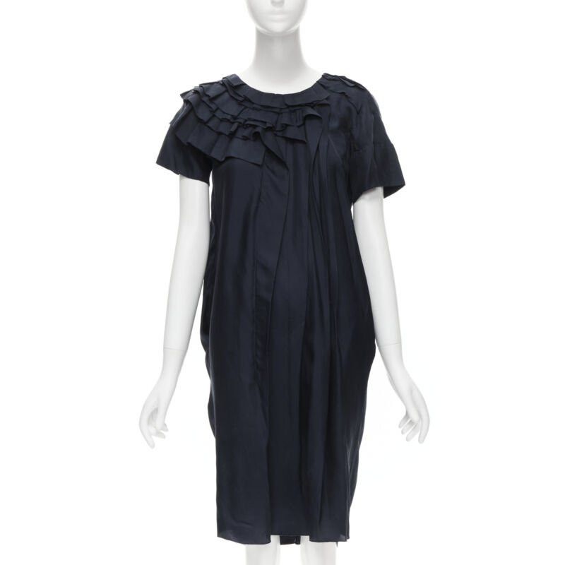 Marni MARNI navy blue 100% silk ruffle neckline short sleeve silk dress IT38 XS Size XS / US 0-2 / IT 36-38 - 1 Thumbnail