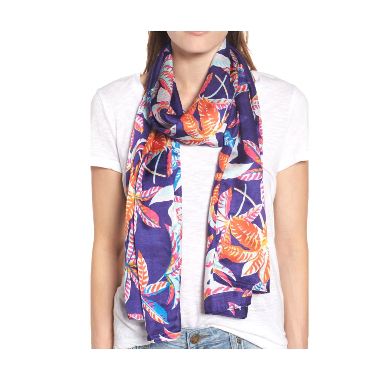 Vintage Echo Scarf ObLong Navy Multi Floral Print Palm - Polyester, 18" x 72" - Women, Rectangle, 100% Polyester, Style 804101 Size ONE SIZE - 2 Thumbnail
