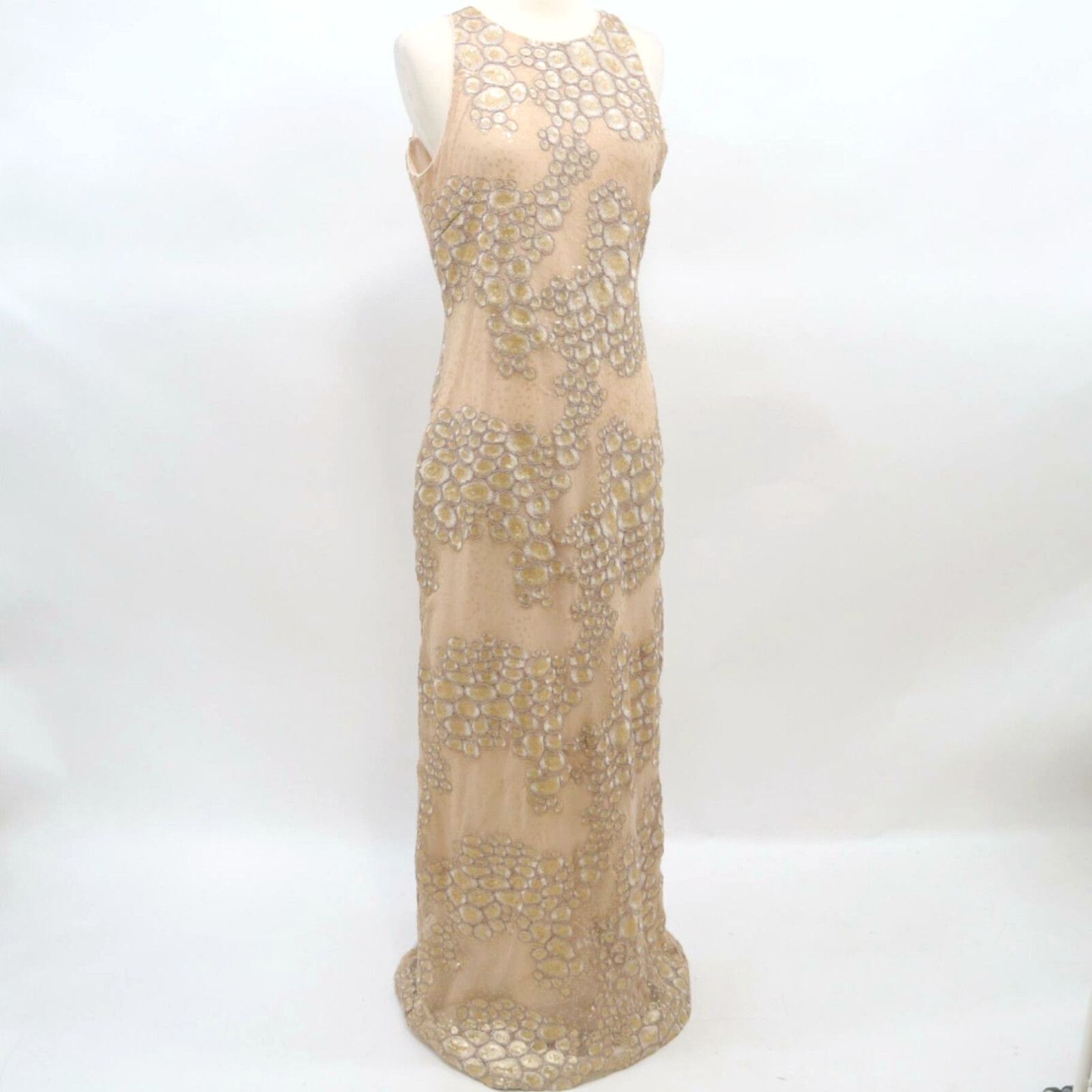 image of Belle Badgley Mischka Dress Gown 10 Sand Beige Embroidered Sequins Dots Formal in White, Women's (S