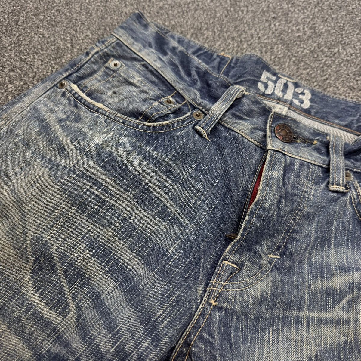 Seditionaries 🇯🇵 Vintage 90s Edwin 503 Blue Trip Distressed Splash Paint Size US 30 / EU 46 - 14 Thumbnail