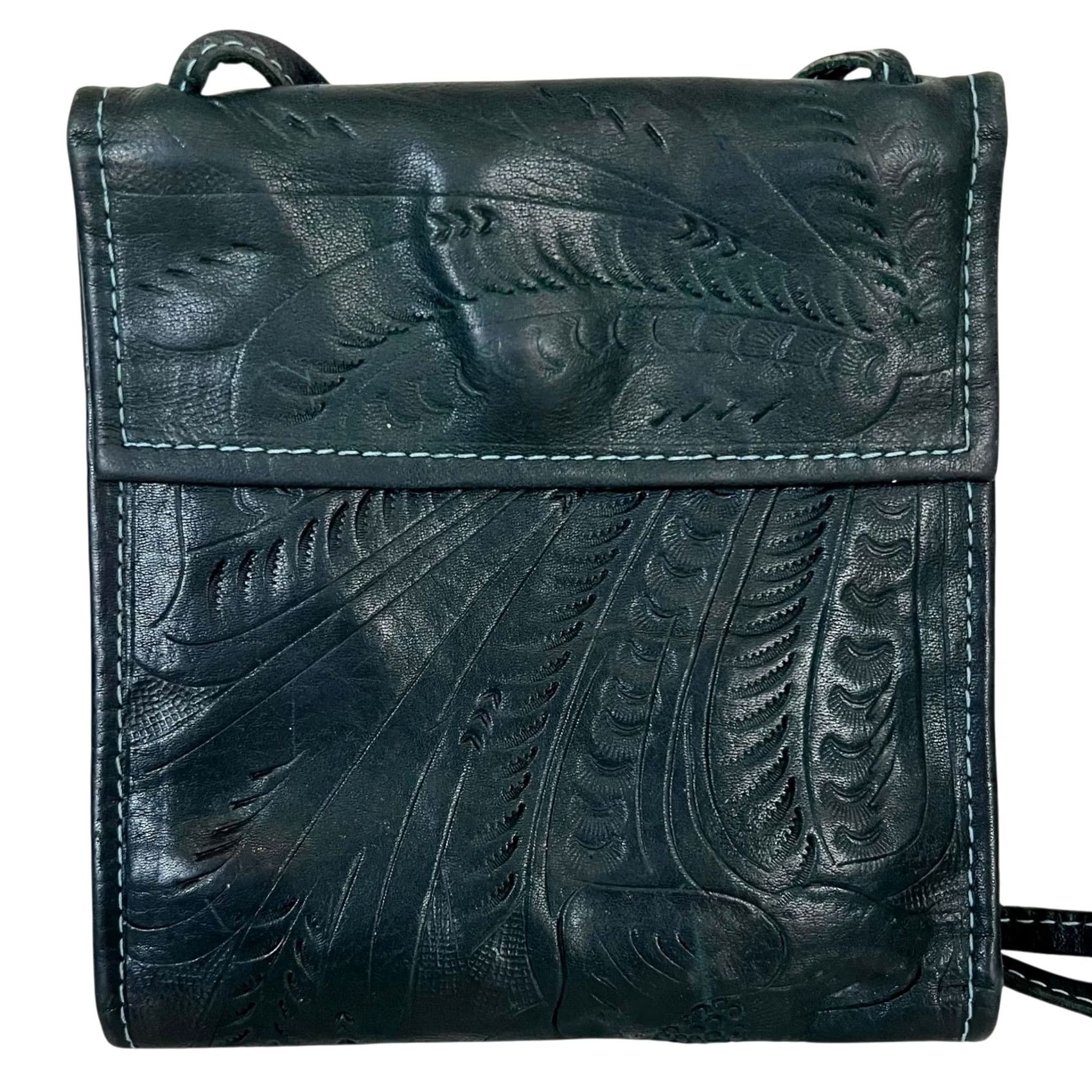 Vintage J.L. Saldivar Tooled Leather Purse Trifold Crossbody Boho Western Blue Womens Crossbody Purse Size ONE SIZE - 3 Thumbnail