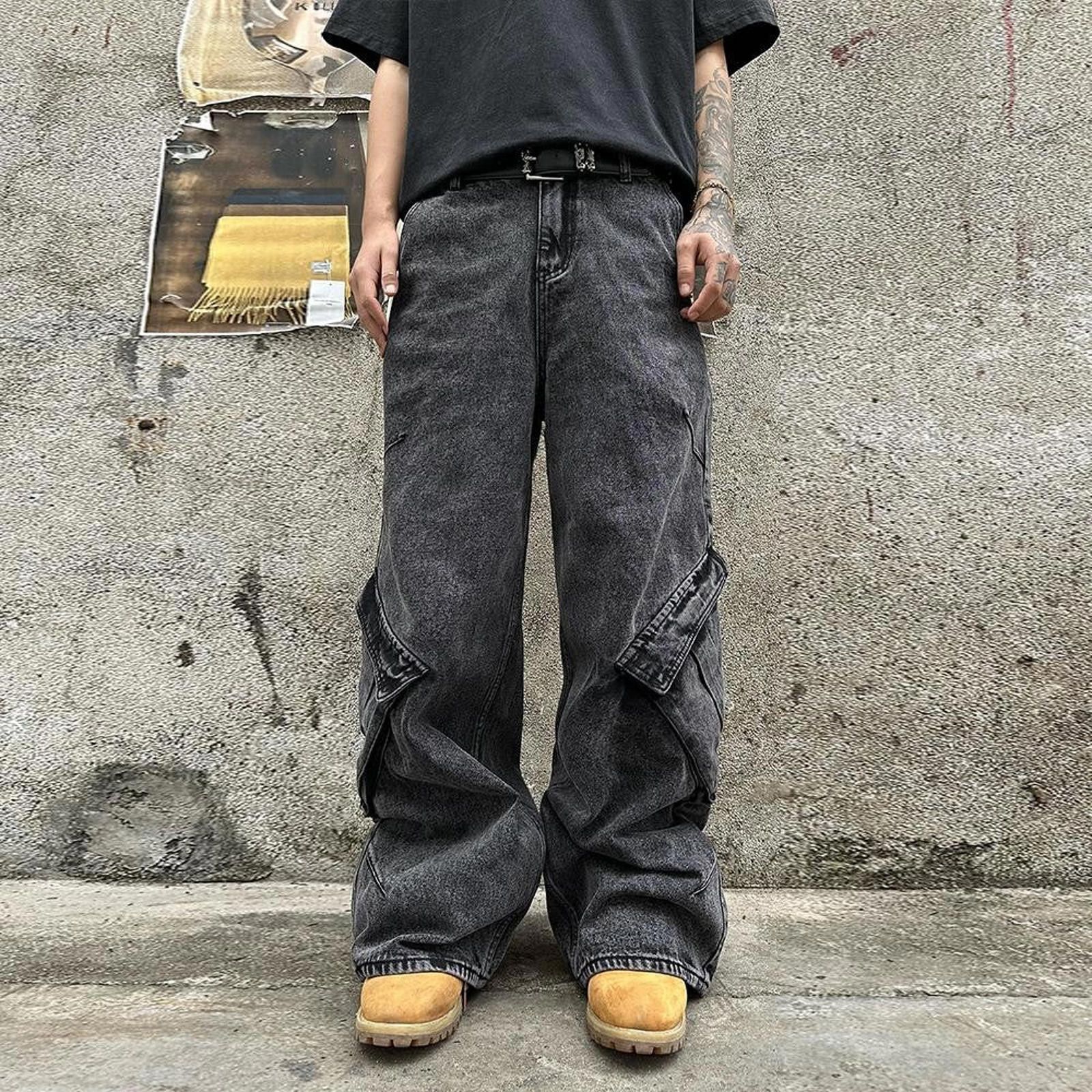 Japanese Brand Black Baggy Cargo Flared Denim Pants, Wide Leg Jeans Size US 32 / EU 48 - 5 Thumbnail